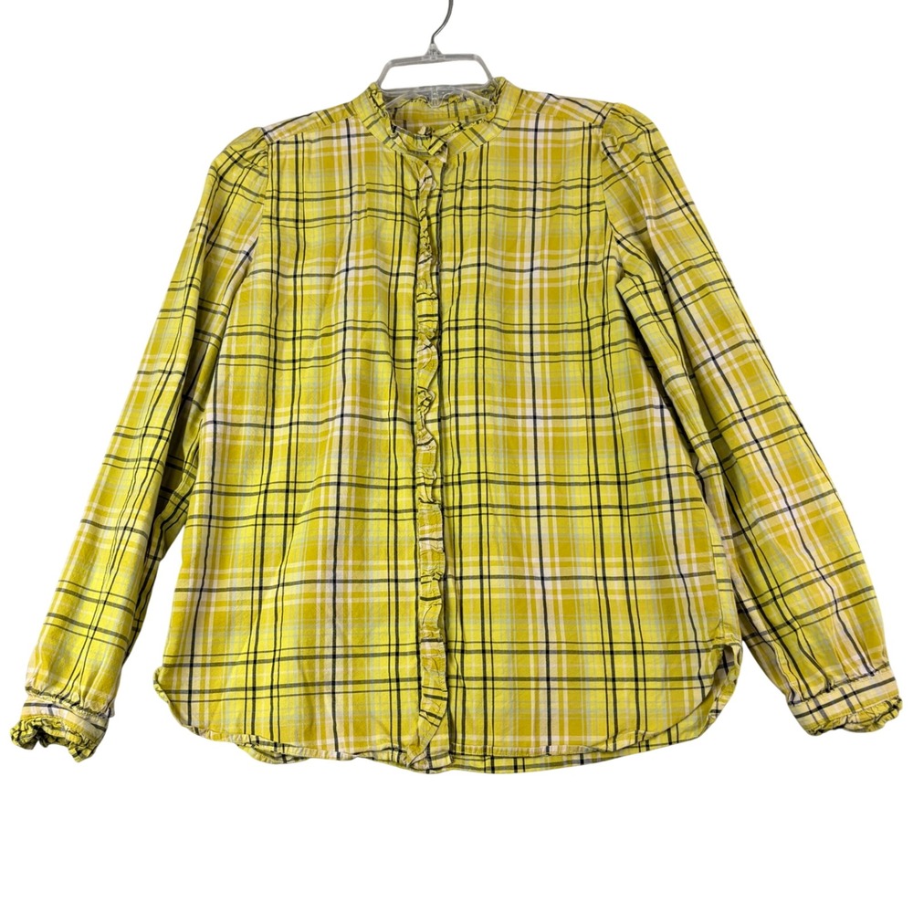 LOFT S Yellow Plaid Blouse Ruffle Trim Long Sleeve Button Down Cottage Preppy